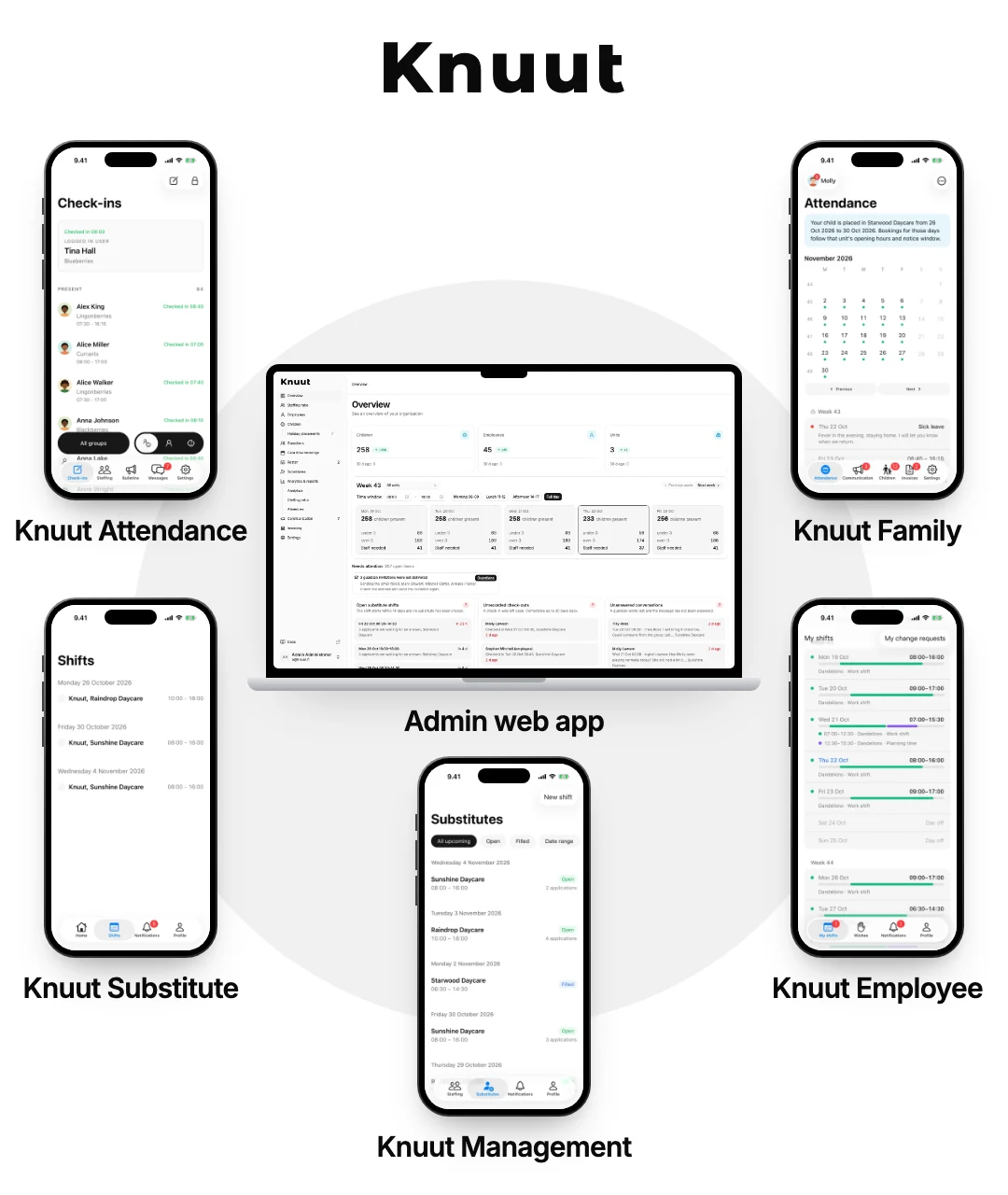 The five Knuut apps on phones and the web app on a laptop
